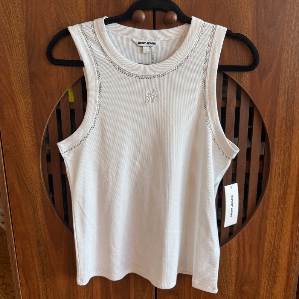 DKNY Jeans Womens White Studded Ribbed Tank Top Sleeveless Logo XL DJ5T1380